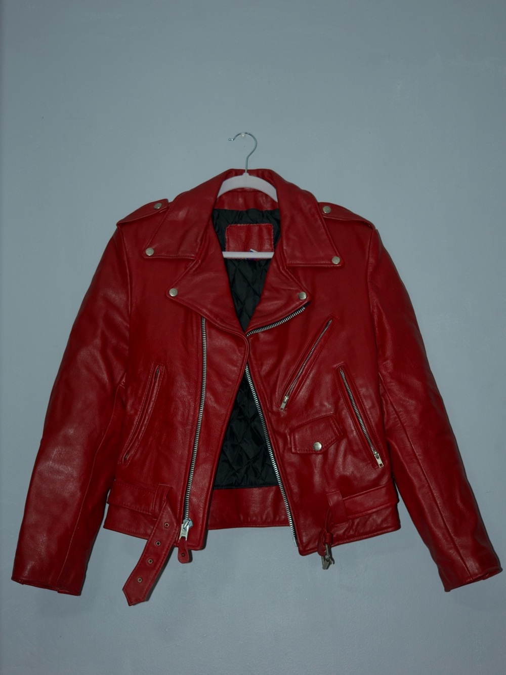 Women’s Red Leather Moto Jacket with Quilted Black Lining